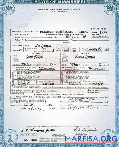 Realistic USA Mississippi state birth certificate template in PSD format